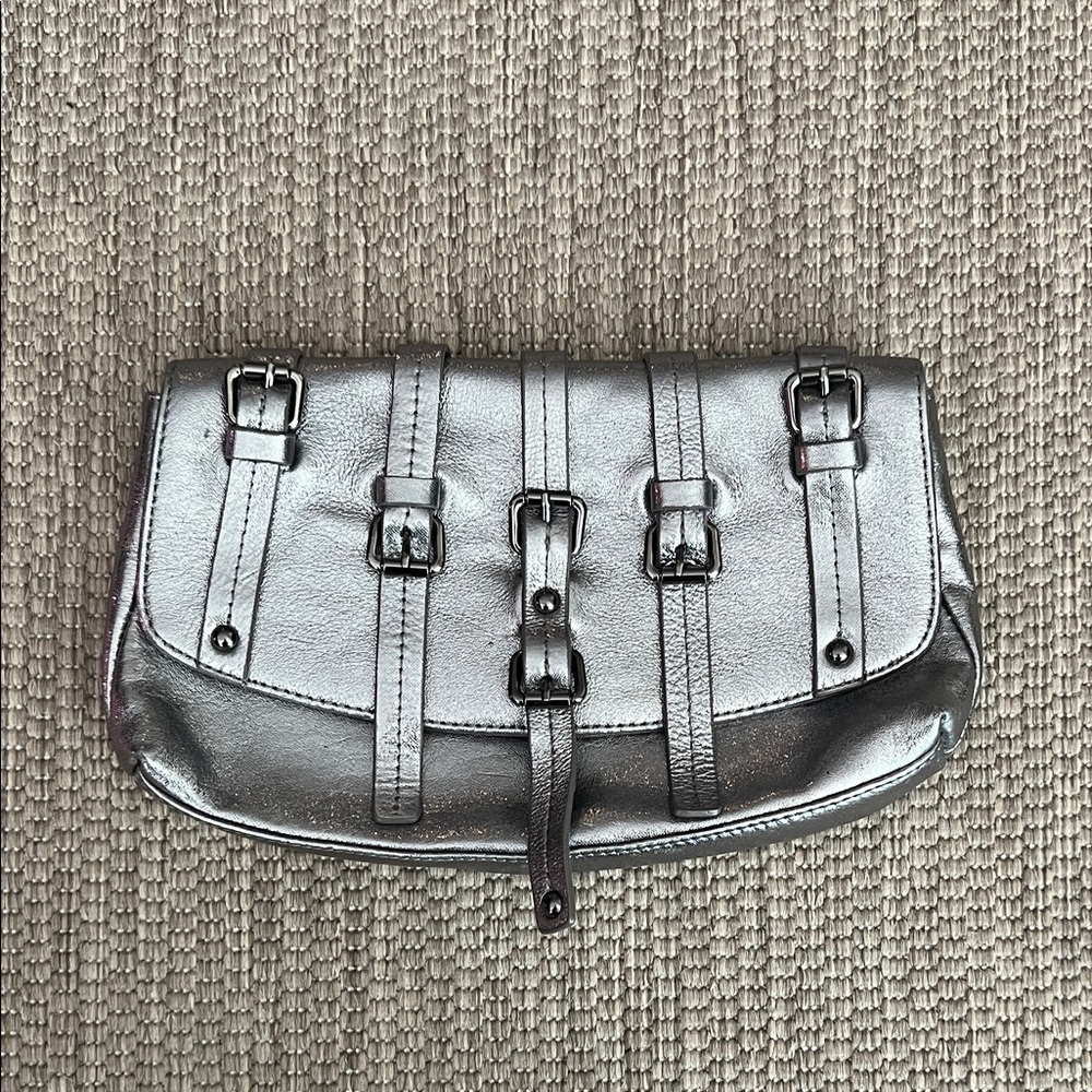 Kenneth Cole Silver Metallic Buckle Detail Leather Clutch Bag